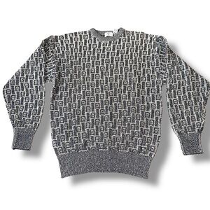 Vintage Men’s 90s Crewneck Sweater Black Blue White Patterned Valentino Garavani